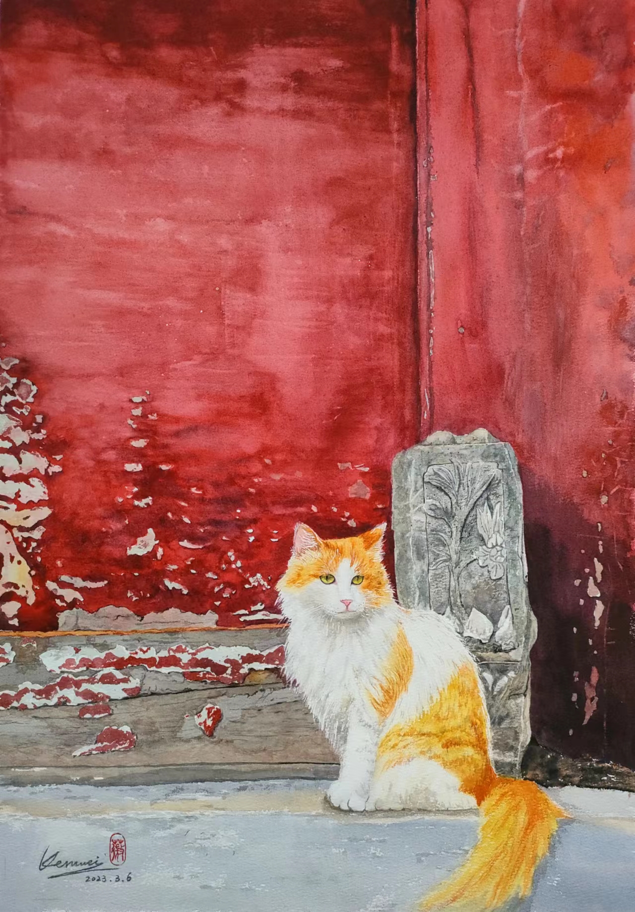 《北京胡同里的猫》-51.5×36.5cm-动物类-2023