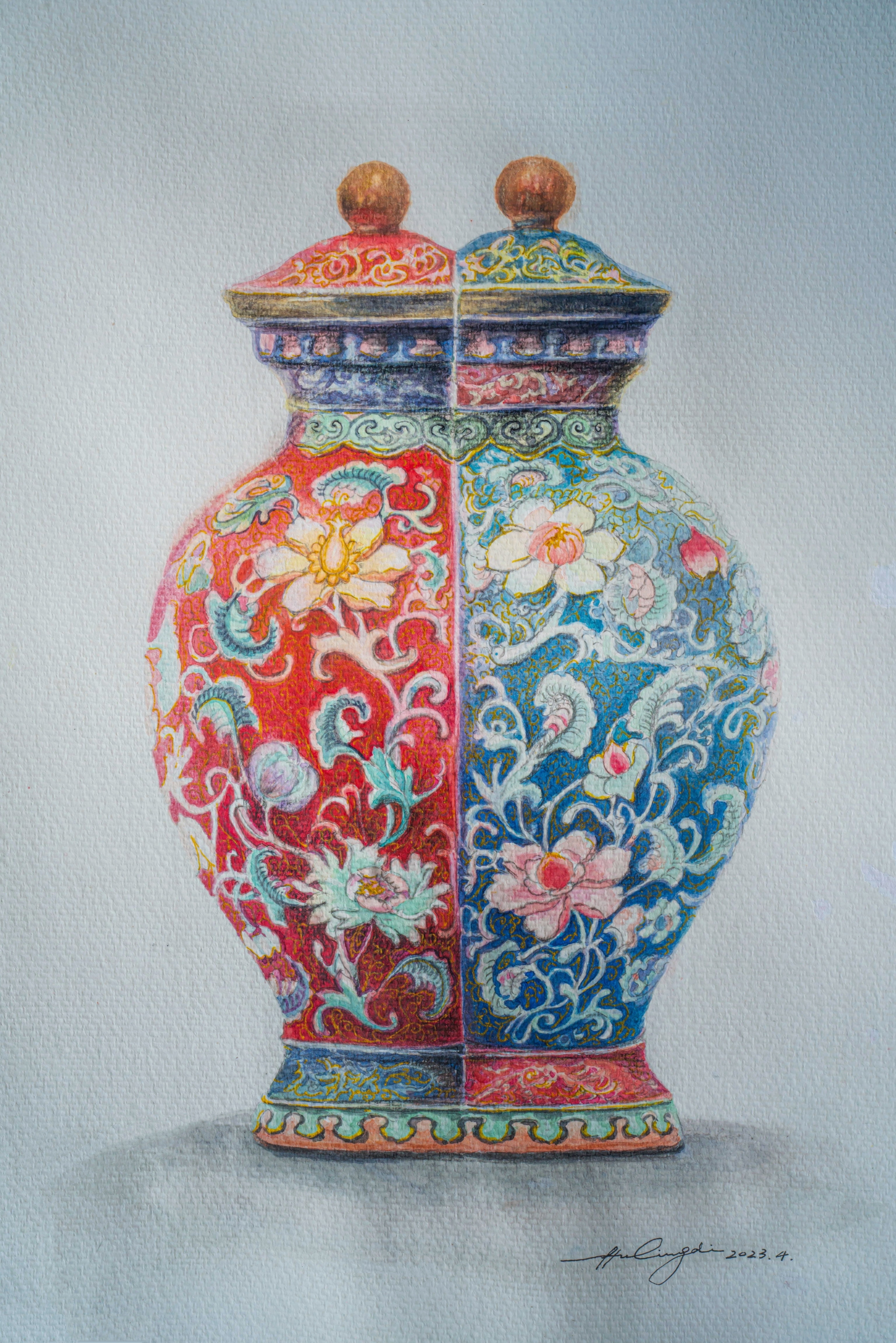 《双色合欢（清乾隆法琅彩•中国瓷器）》-37x25.5cm静物-2023