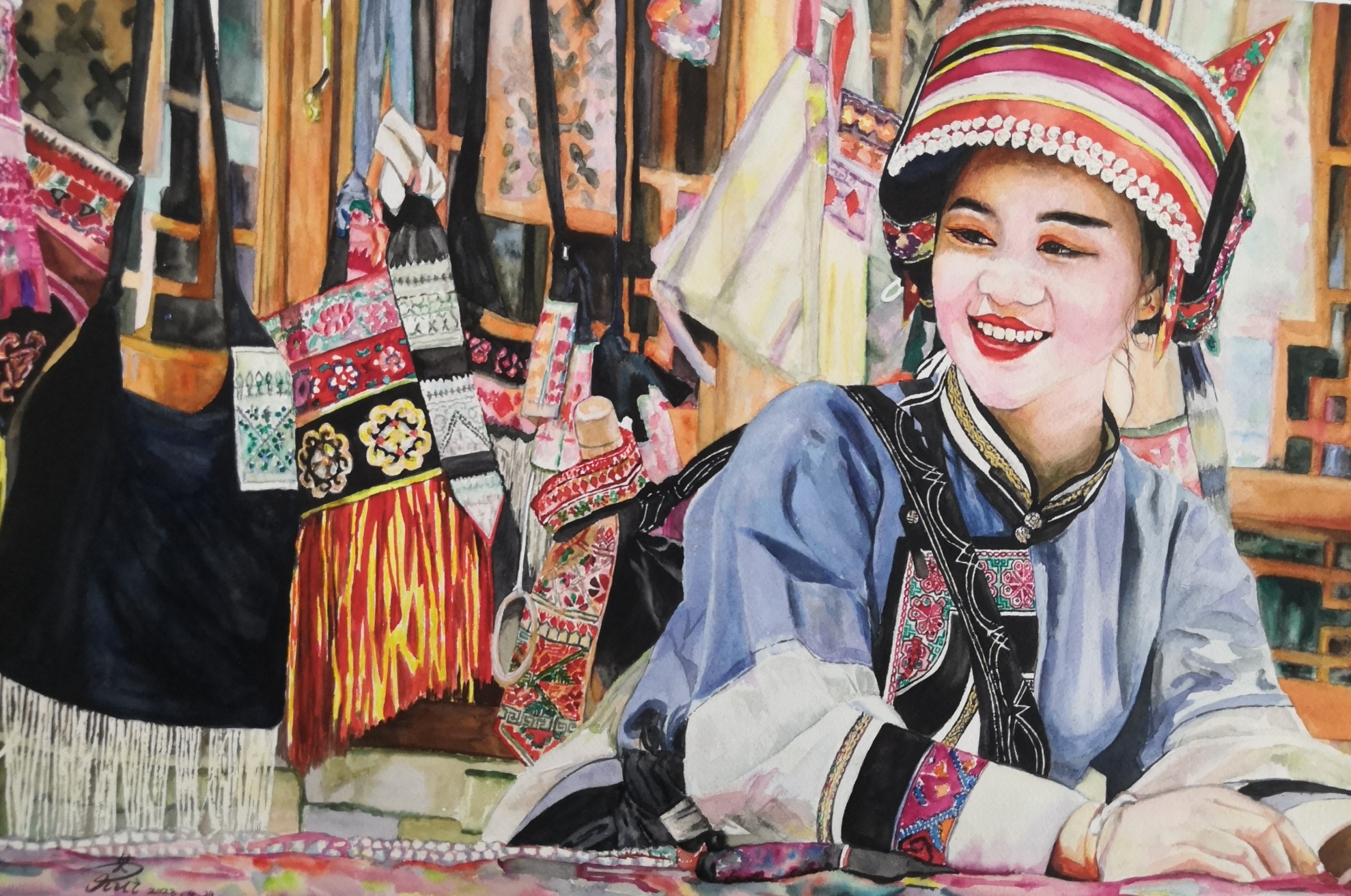 《卖刺绣包的撒尼姑娘》-55×38cm-人物-2023