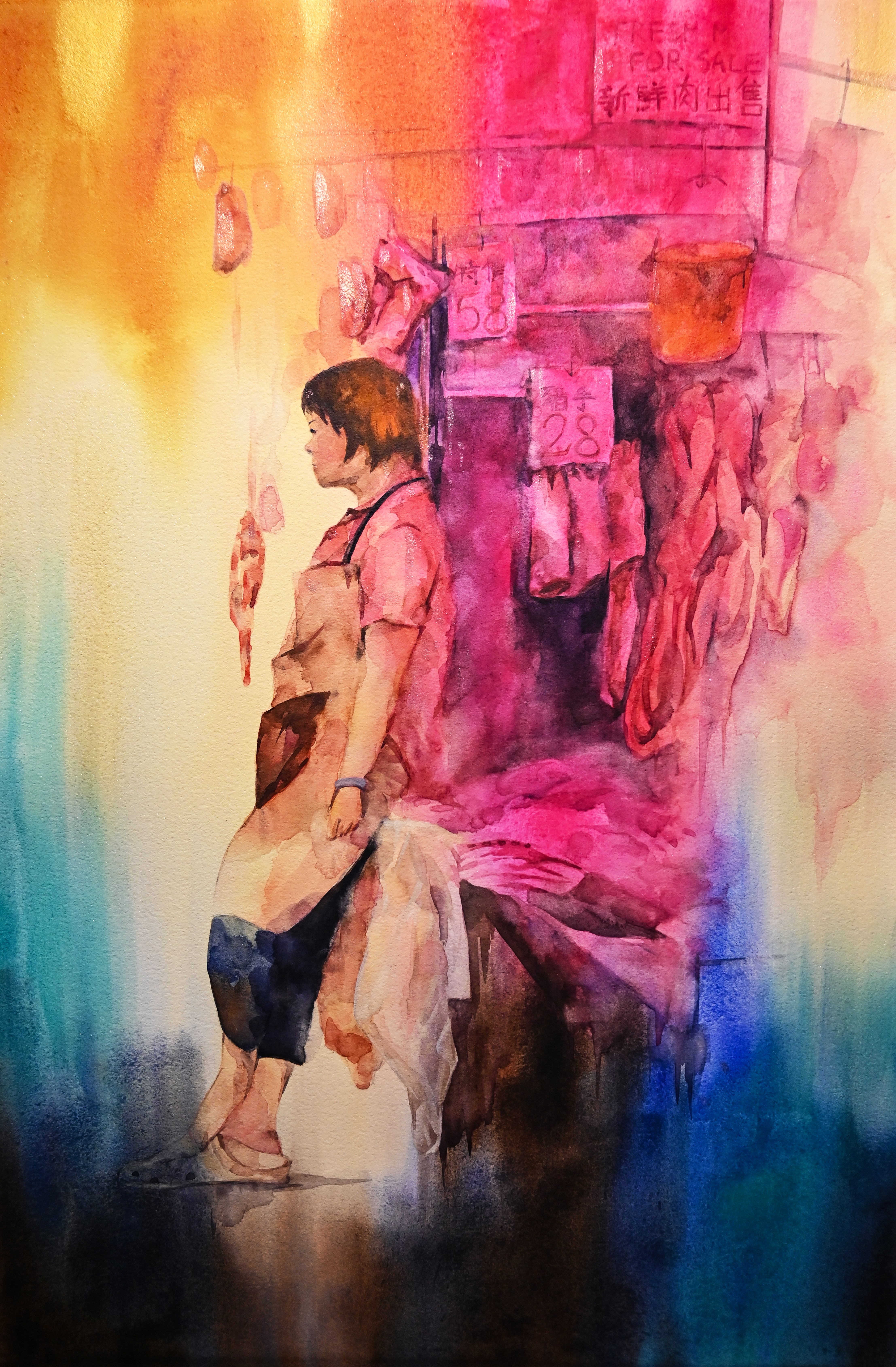 Tenderness at the Meat Stall under Neon Glow